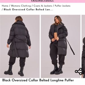 Pretty Little Thing black oversized collar belted longline puffer.